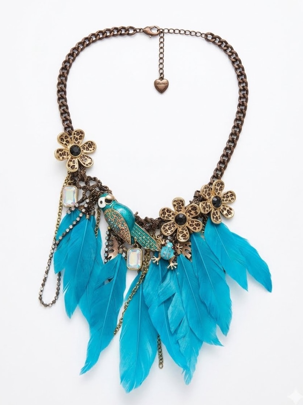 Rare Betsey Johnson Vintage Teal Blue Feather Parrot Statement Necklace